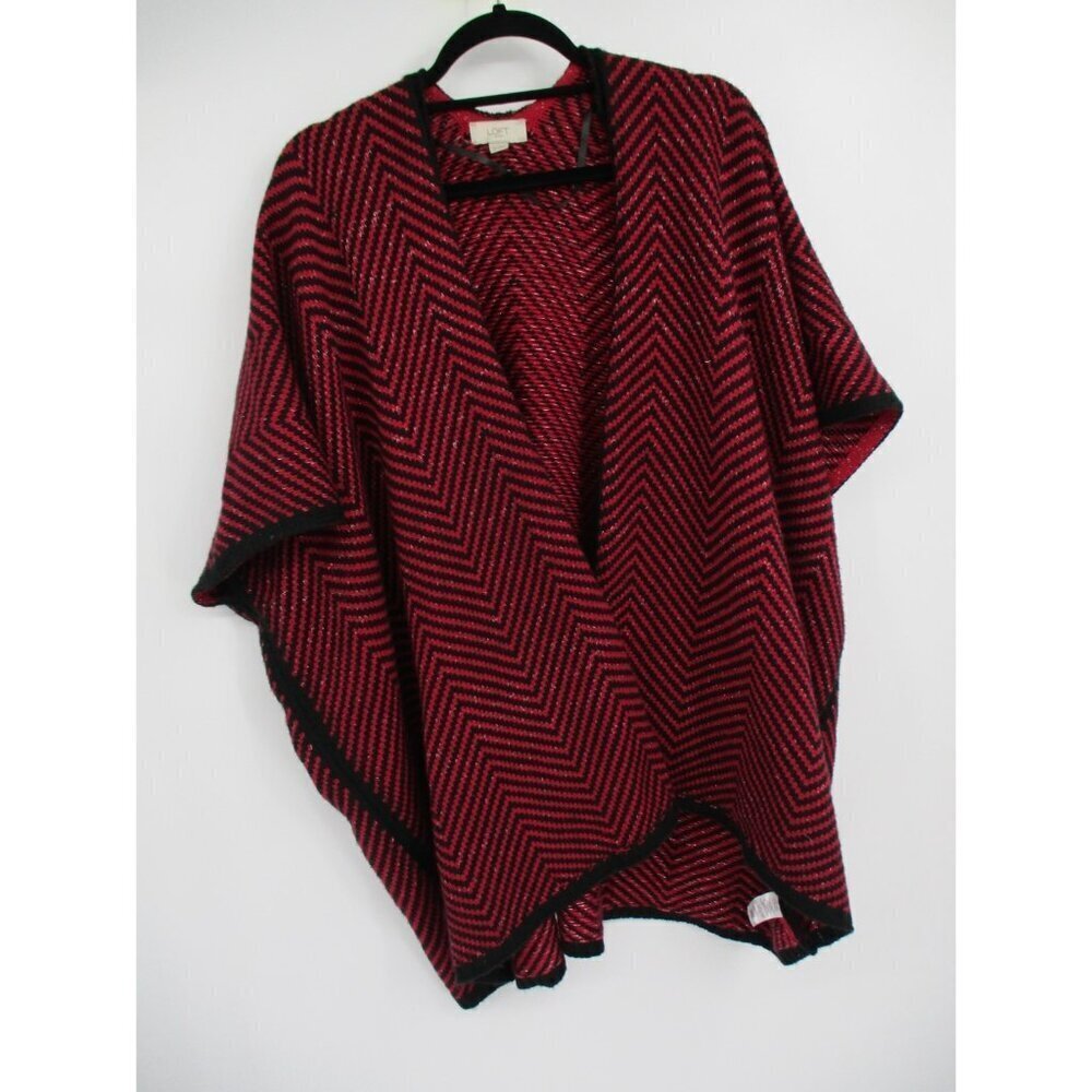 Ann Taylor Loft Poncho Sweater Womens OS Red Black Knit Short Sleeves Casual - Picture 11 of 16